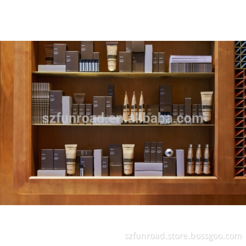Veneered MDF display cabinets wooden shelves for branded cosmetics chain store